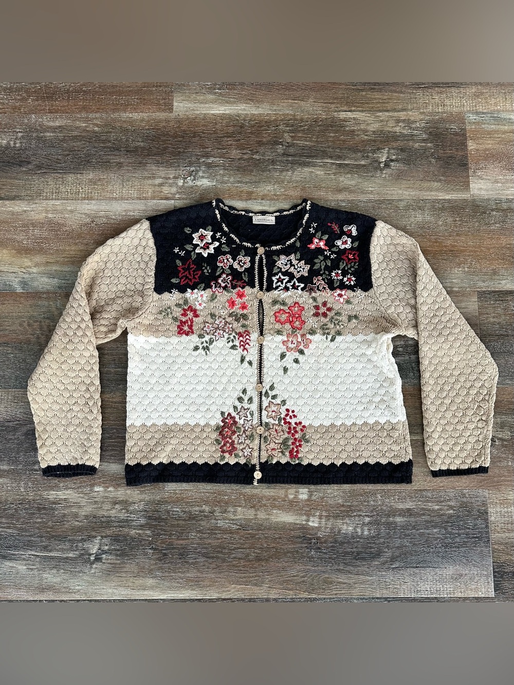 Vintage Embroidered Knit Floral Linen Blend Crochet Cardigan